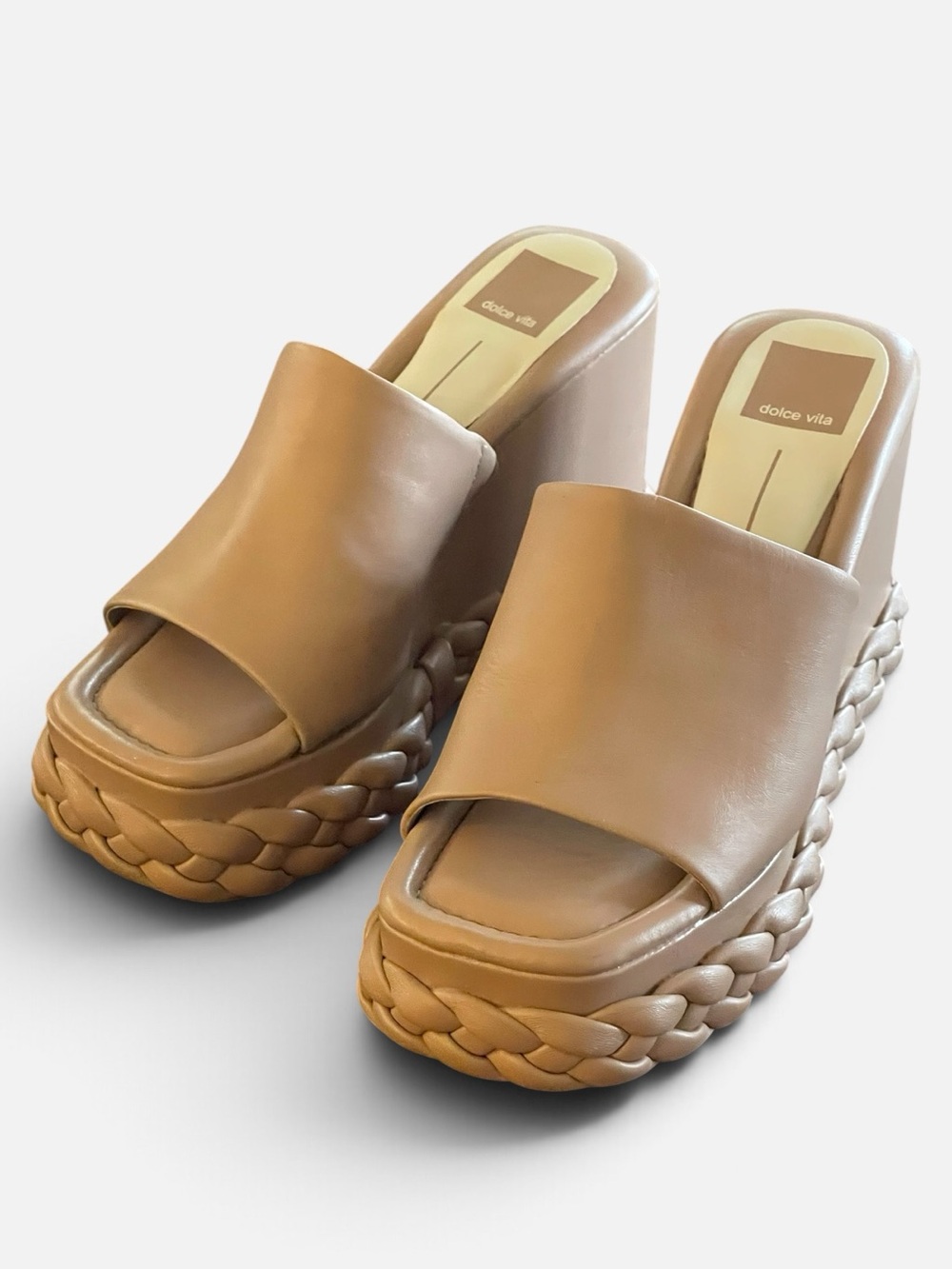Dolce Vita Elene Tan Leather Braided Platform Wedge Sandals Sz 6.5 Square Toes